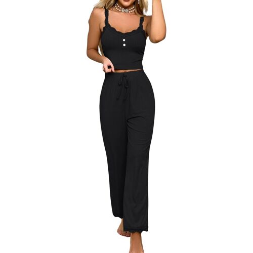 Kalanka-Femme Sexy 2 Pièces Ensembles De Pyjama Dentelle Camisole Taille Haute Pantalon Set Col En V Cami Top Sans Manches Vêtements De Nuit Coquine Bretelles Chemise Elégant Elastiquée Négligé