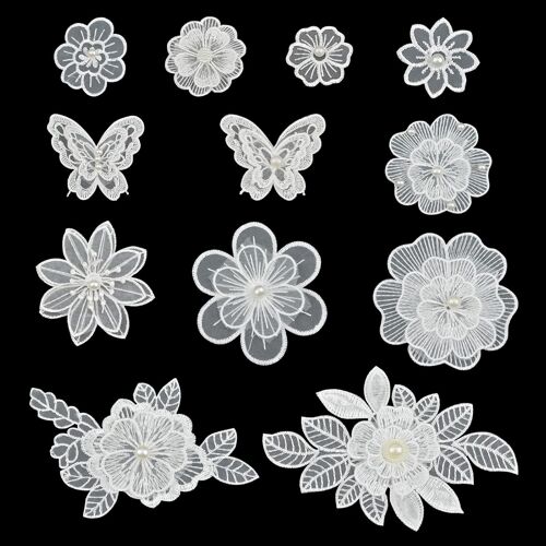 KALANKA-Lot de 12 écussons brodés en Dentelle avec Fleur en Organza Blanc pour Robe de mariée à Coudre ou à Coudre