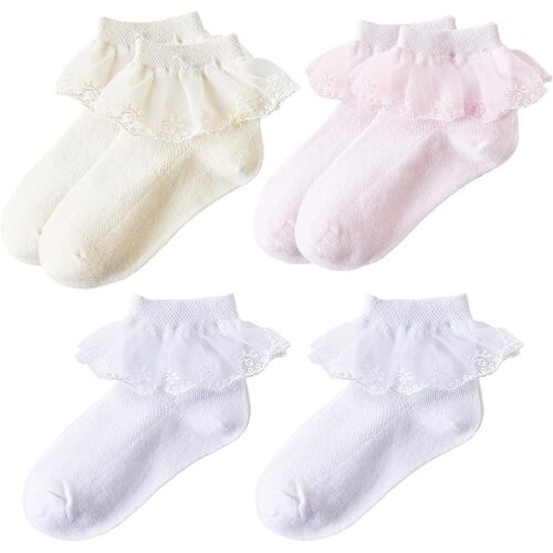 KALANKA-3 Pares de Chaussettes Elastiques pour Filles en Dentelle à volants de Cheville d'Entraînement de Ballet Bowknot de Princesse pour bébés pour 1 à 9 Ans
