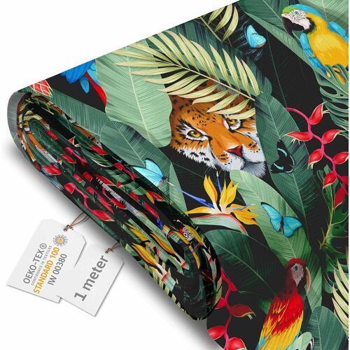Kalanka-Tissu Imperméable Extérieur Au Metre 160 Cm Largeur - Toile Exterieure Impermeable 100% De Polyester 600d 220g/M - Tissus Au Metre Ameublement Jaguar And Palm Leaves 1m