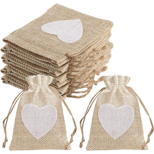 KALANKA-20 Pcs Sacs en Lin, Petits Pochon Tissu, Sachets en Jute, Sac Jute Dragees, Petit Sac pour Offrir, Sacs Cadeaux pour Bijoux Anniversaire Mariage Fête, 10 x 8 cm