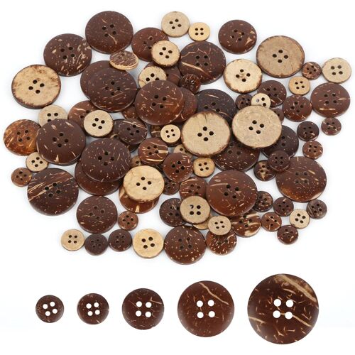 Kalanka-Lot De 100 Boutons De Couture Vintage En Bois De Noix De Coco Naturelle - 4 Trous, 5 Tailles 10/12,5/15/20/25 Mm - Ronds Pour Décorations Artisanales