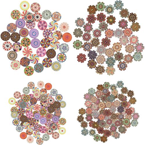 Kalanka-300 Pièces Boutons Ronds En Bois De 15mm 20mm, Boutons Peinture De Fleurs Vintage À Motifs Floraux Mixtes Avec 2 Trous, Buttons Mercerie Rétro Pour Bricolage Couture Artisanat Décoratif