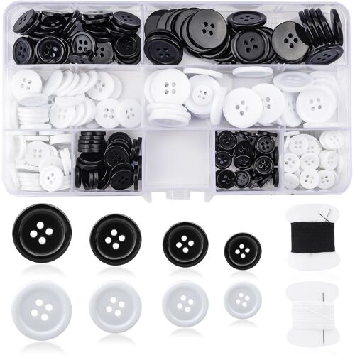 Kalanka-Boutons Noirs Blanc De Mercerie 240 Pièces Boutons De Couture En Résine 10/12.5/15/20mm Rondeavec 2 Pièces Kit De Couture