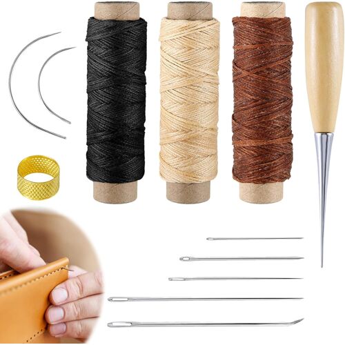 KALANKA-Kit de Couture en Cuir 12pcs - Outils de Couture à la Main avec Fil Ciré, Poinçon de Perçage et Dé à Coudre pour Réparation de Moquette, DIY Couture Artisanat