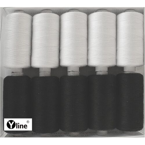 Kalanka-3028 Lot De Fils À Coudre/Fil Synthétique En Polyester Blanc & Noir Pour Machine À Coudre 10 Bobines De 500 M De Fil À Coudre