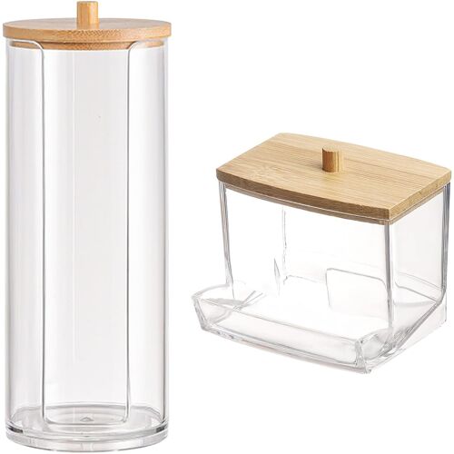 Kalanka-Lot De 2 Boîtes À Cotons-Tiges Multifonctionnelles Pour Cotons-Tiges Et Tampons - Boîte De Rangement En Bambou Pour Cosmétiques Avec Couvercle - Convient Pour La Maison Et Les Voyages 