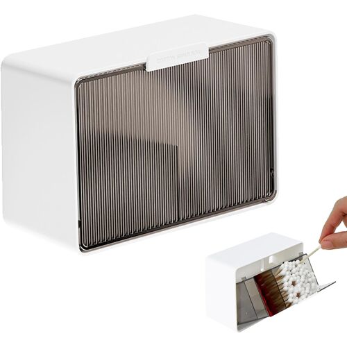 KALANKA-Boite Coton Tige Distributeur, Rangement Coton Tige Mural à Clapet, Organisateur Coiffeuse avec 2 Compartiments, Support de Cotons-Tiges pour Boules de Cotons, Pads, Houppettes, Petits Articl