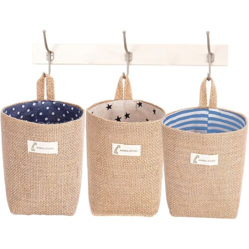 KALANKA-3 Pièces Coton Lin Panier de Rangement Sac, Sac de Rangement Suspendu Détachable Pliable Lavable Petit Panier Sac pour Bijoux, Maquillage Clés Articles Divers Petits Objets