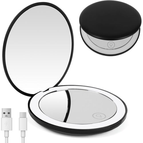 Kalanka-Miroir De Maquillage De Voyage Éclairé Par Led - Grossissant 1x / 10x,Double Face Led Miroir De Poche Lumineux, Compact Et Portable Pour Voyage, Petit Miroir Portable De Maquillage¿Noir¿ 