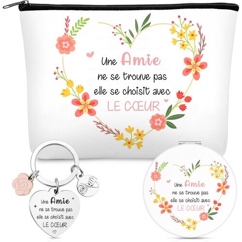 Kalanka-3 Pièces De Set De Cadeaux Pour Meilleure Amie Femme S?Ur 1 Trousse De Maquillage Avec Fermeture Éclair 1 Miroir De Voyage Avec Loupe 1 Porte-Clés Avec Texte Pour Bff Noël Anniversaire Adieu