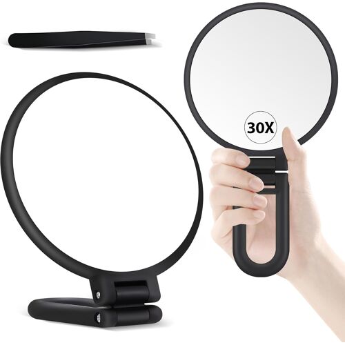 Kalanka-Miroir Grossissant 30x Avec Poignée - Miroir De Maquillage À Double Face (1x/30x), Pliable & Portable Pour Un Maquillage Précis En Déplacement - Noir Mat 