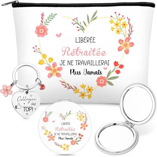 Kalanka-3 Pièces Set Cadeaux Retraite Pour Femme Collègue 1 Trousse À Cosmétiques De Merci 1 Miroir De Maquillage Avec Loupe 1 Porte-Clés De Départ Pour Adieu Anniversaire Employé Infirmière Travail 