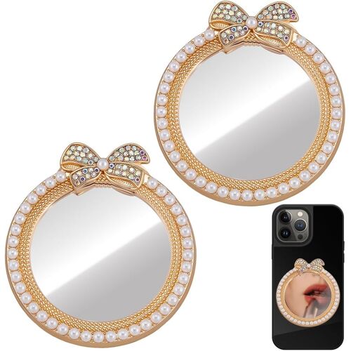 Kalanka-1 Boîte De 2 Miroirs De Maquillage Pour Téléphone Portable Petit Miroir De Poche De 6cm Strass Dorés N?Ud En Imitation Perle Avec Autocollant Double Face À Coller Au Dos Des Breloques Pour 