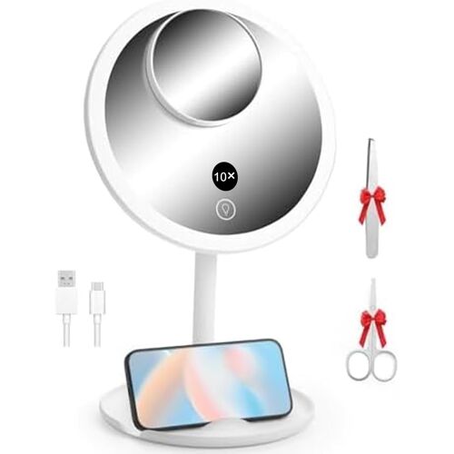 Kalanka-Miroir De Maquillage À Intensité Variable - 3 Couleurs - Miroir Grossissant Avec Lumière - 10 X - Rechargeable - Avec Câble De Type C - Coupe Et Pinces Réglables 
