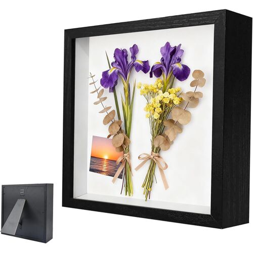 KALANKA-Cadre Photo 3D, Cadre Photo Profond à Remplir 20 x 20 cm, avec Plaque Acrylique Transparente, Cadre Objet 3D Profond 3cm, pour Objets, Fleurs, Cadeau de Mariage, Noir