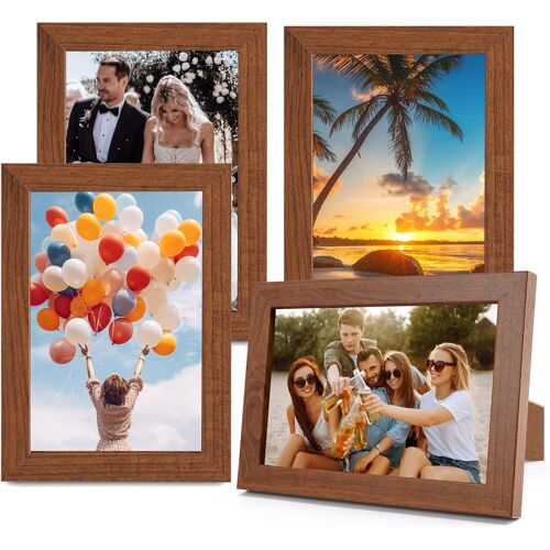 KALANKA-Lot de 4 Cadres Photo 10x15 cm en Bois MDF, Cadre Photo Bois avec Façade en Verre Acrylique, Respectueux de L'environnement, Vintage Petits Cadres Photos pour Montage Mural ou Affichage Sur T