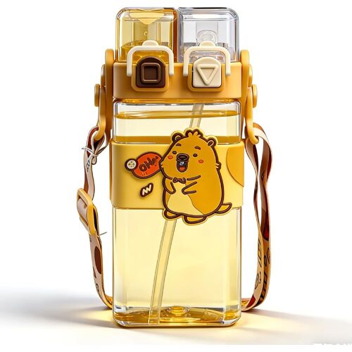 Kalanka-Capybara Bouteille D'eau, 520ml Gourde Pour Enfants Bouteille De Plastique Gourdes De Sport Enfant Gourde Portable Anti-Fuite Tasse Réutilisable Gourdes Pour Voyage, Travail, École