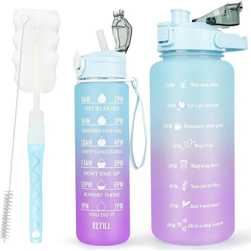 Kalanka-Lot De 2 Gourdes Sans Bpa 2 L + 750 Ml - Gourde De Sport Avec Marqueur De Temps Et Paille - Gourde Pour Salle De Sport Avec Brosse - Grand Marqueur De Temps Motivant
