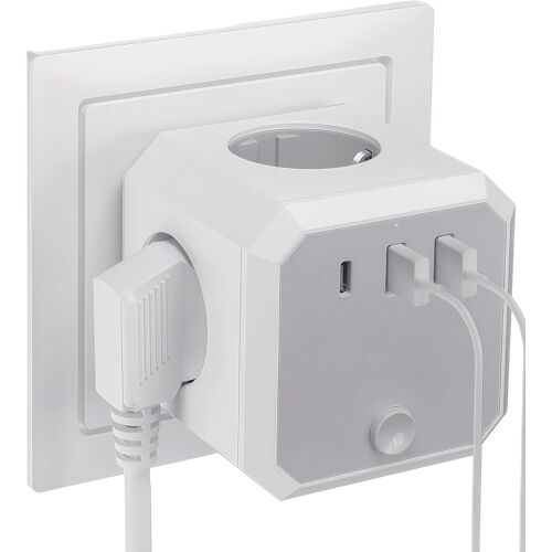 KALANKA-Multiprise Cube Murale 7 en 1, 4 Prises AC (4000W/16A) et 3 Ports USB (1 USB-C + 2 USB-A), Adaptateur de Prise sans Câble Idéal pour Bureau, Cuisine et Voyage - Blanc