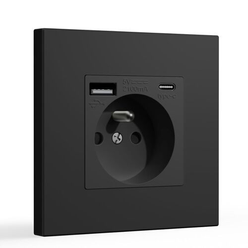 KALANKA-Prise Murale avec USB et 1 Type C,16A Prise de Courant Alternatif avec Panneau en Plastique,Multiprise Murale(Max 2.1A),Convient au Smartphone,à la Tablette (1 Prise avec USB et Type C,Noir)