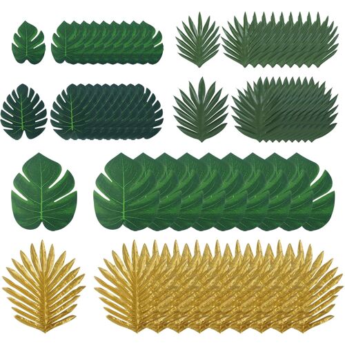 KALANKA-60 Pièces Feuille de Palmier Artificielle,Monstère Plante Jungle Thème Table Feuille Decoration Anniversaire Tropical pour Luau Hawaïen,Vert,Or