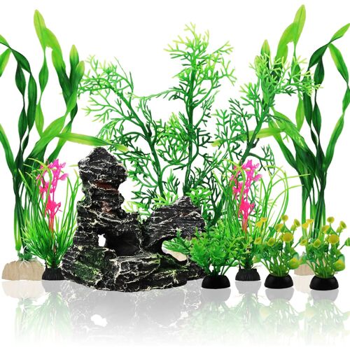 Kalanka-Vert Plantes Artificielle Aquarium Decoration Avec Rocher Polyrésine Grotte Ornement, Cachette Décoration Pour Aquarium Poissons, 9 Pièces