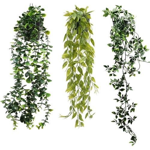 KALANKA-3 PièCes Fausse Plante Tombante Avec Bassin Pas Facile à DéColorer Facile à Nettoyer Plante Verte Artificielle Petits Pois 9 Fourchettes Eucalyptus Mandalas