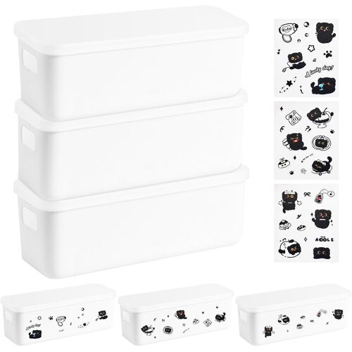KALANKA-3 Pièces Boîte de Rangement avec Couvercle, Paniers de Rangement avec Poignées, Bac Plastique Rangement avec 3 Autocollants Chat pour Cuisine, Placard, Bureau, Salle de Bain (Blanc, 28×20×9.6