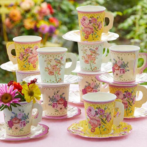 Kalanka-Lot De 24 Gobelets Jetables Et Soucoupes, Vaisselle Jetable Fleurie Vintage - Gobelets Carton Anniversaire, Goûter, Garden Party, Baby Shower, Mariage - Gobelet Café