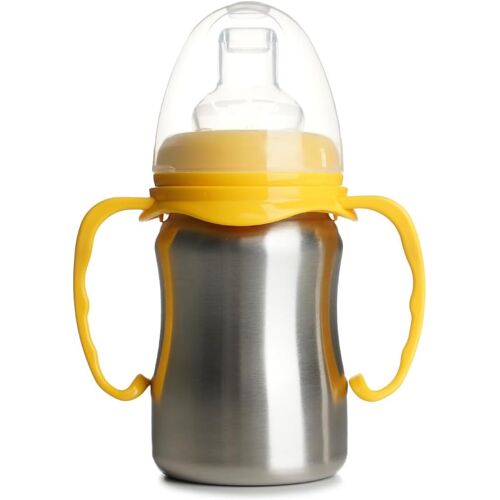 Kalanka-Thermobaby - Tasse En Inox Bébé Avec Anses Et Tétine Silicone - Anti-Fuites - 180 Ml - Facile À Nettoyer - Durable - Idéale Pour L¿Autonomie De Bébé - Jaune Mangue
