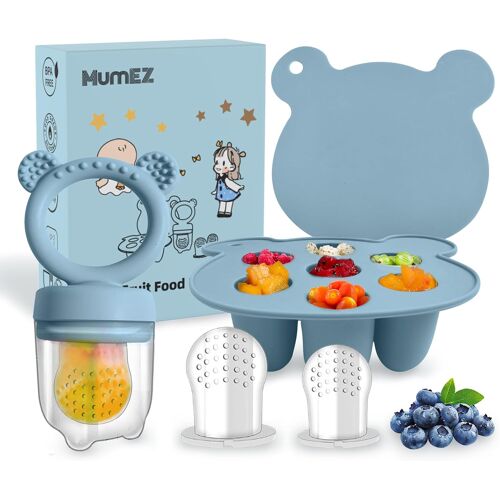 Kalanka-Tetine Grignoteuse Bebe, Set De Mangeoire Pratique Pour Bébé, Plateaux De Congélation Pour Aliments Bébé Inclus, Tetine Fruits Bebe Sans Bpa, Tetines Pour Enfants De 3 À 24 Mois (Bleu)