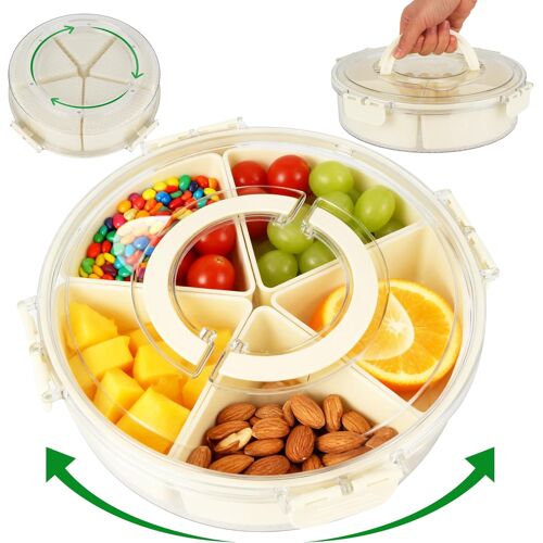 Kalanka-Snack Box Ronde, Boite Compartiment Alimentaire, Boîte À Goûter Avec 5 Compartiments, Plateau De Service Divisé Avec Couvercle Et Poignée, Dia 26.5cm (Rond)