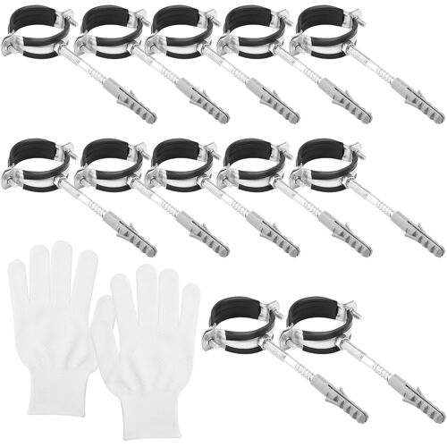 KALANKA-Lot de 12 colliers de serrage 50 mm + chevilles + vis à double filetage et 1 gant de travail Support de tuyau Insert en caoutchouc avec gants de travail pour conduites d'eau, tuyaux d'aératio