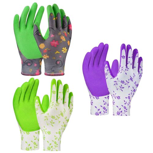 KALANKA-Gants de Jardinage pour Femme, 3 Paires de Gants de Travail de Jardin en Caoutchouc Respirant, Gants de Protection Multi-Usages en Latex Nettoyage avec Motif Floral, Violet, Vert, Gris Vert