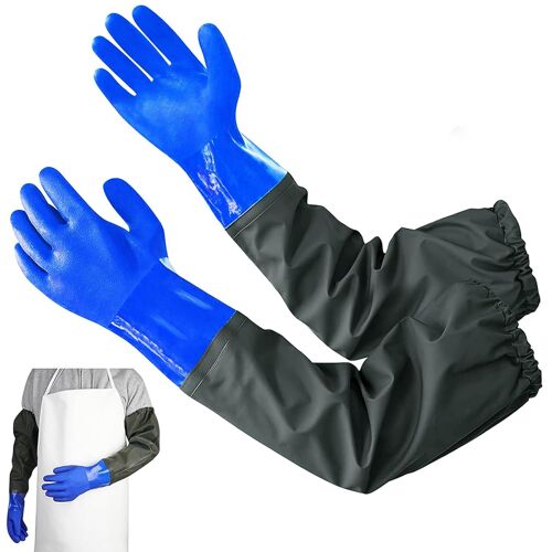 KALANKA-Gants d'étang, 70 cm Gants en Caoutchouc Imperméables, Reusable Pond Gloves, Gloves with Fabric Lining, pour Aquarium, Pêche, Jardinage, Machines, l'Industrie (Bleu)