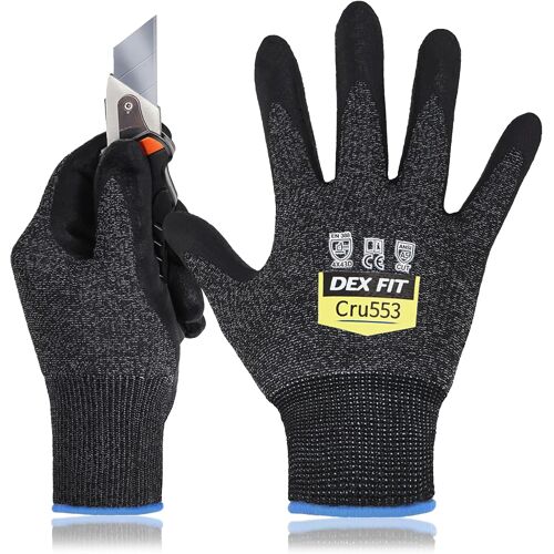 KALANKA-Gants de Travail Cru553 Résistants aux Coupures Niveau 5, Adaptation 3D Confortable Extensible, Agrippants Nitrile Durable, Smart Touch, Fins Légers, Lavables, Noir Gris 9 (L) 1 Paire