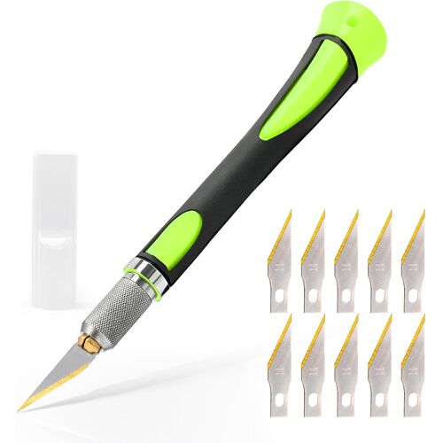 KALANKA-EHDIS Scalpel de Découpe avec 10pcs Lames de Rechange Premium Titan, Cutter de Précision, Scalpel Modelisme, pour l'artisanat Découpe de Travail d'art Bricolage Sculpture, Vert