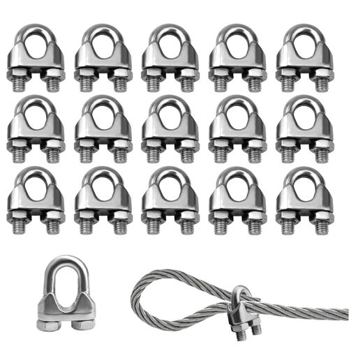 KALANKA-Lot de 16 serre-câbles en acier inoxydable de type U M3 avec finition argentée ¿ Durable pour cordes à linge, clôtures de jardin, rails de rideaux et fixations extérieures
