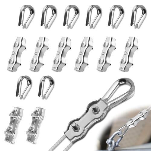 Kalanka-Lot De 16 Serre-Câbles M5 Avec 8 Serre-Câbles De 5 Mm Et 8 Cosses De Câble Métallique De 5 Mm En Acier Inoxydable 304 Duplex Pour Câble En Acier, Tendeur De Corde À Linge, Auvent Fixe