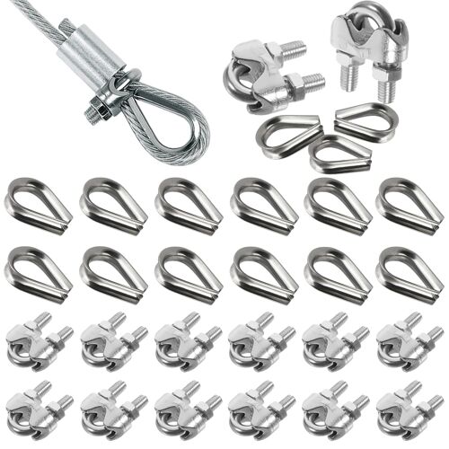 KALANKA-24 Pièce Serre Cable Inox, 12pcsSerre Cable Acier 4mm+12pcs M4 Cosses de Câble Metallique, U Boulon Clip de Câble Métalliques pour Câble Métallique Corde à Linge