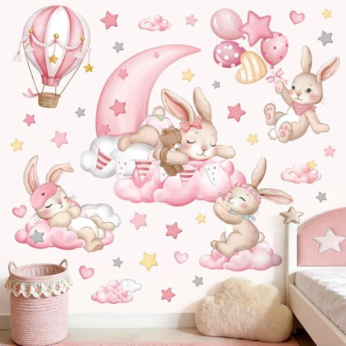 KALANKA-Stickers Muraux Lapin Rose Chambre Fille Autocollants Muraux Mural Stickers Animaux Endormis Nuage Etoile pour Chambre Enfants Fille Bébé Pépinière