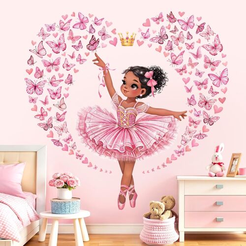 KALANKA-Stickers Muraux Danseuse Ballerine Rose Autocollant Mural Fille Princesse Papillons Rose Décoration Murale Bébé Fille Chambre Enfants Pépinière