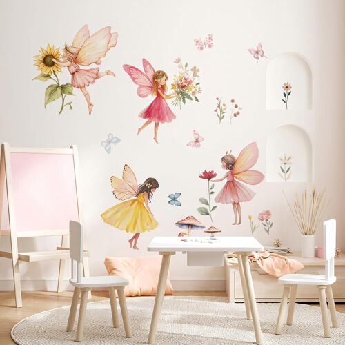 KALANKA-Stickers Muraux Fée Fleurs et Papillons, 4 Feuilles 30×19 cm avec Différentes Fées, PVC Imperméable Autocollants Muraux Amovibles, Décoration Murale pour Chambre Fille, Enfants et Bébé