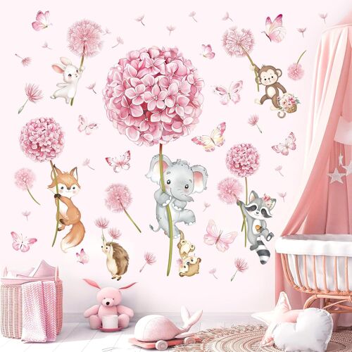 KALANKA-Stickers Muraux Fleurs de Pissenlit Animaux Autocollant Mural Floral Rose Papillon Eléphant Renard Décoration Murale Bébé Pépinière Chambre Fille Enfants