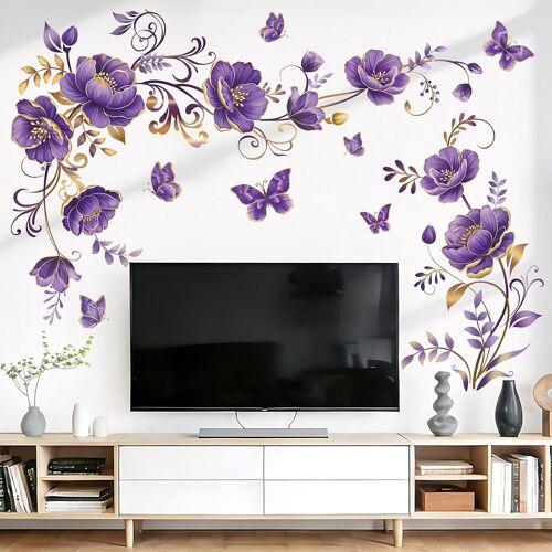 KALANKA-Stickers Muraux Fleurs Vigne Violet Autocollants Muraux Mural Stickers Floral Papillons Doré pour Salon Chambre à Coucher Bureau