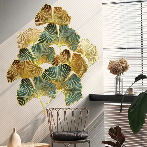 KALANKA-®- Élégants stickers muraux FEUILLES de GINKGO vert/doré (73x87 cm) I Autocollants muraux décoratifs herbes plantes I Déco murale salon chambre cuisine salle de bain couloir meuble
