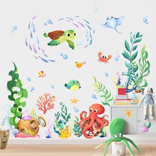 KALANKA-Stickers Muraux Enfants Poissons Autocollants Muraux Océan avec Pieuvre, Tortue et Algue marine Décoration salle de bain, Chambre Enfant, Nursery