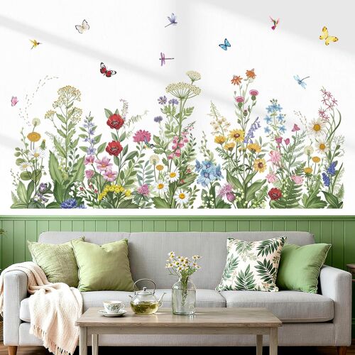 KALANKA-Stickers Muraux Plantes Vertes Fleur Sauvage Autocollants Muraux Stickers Mural Herbe Feuilles Papillon pour Chambre Salon Mur TV