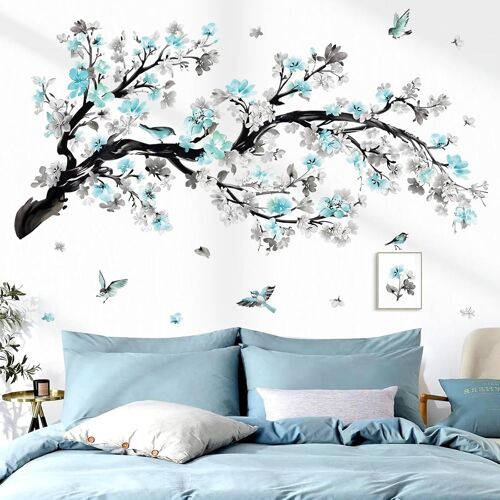 KALANKA-Stickers Muraux Branche de Fleurs Bleu Autocollants Muraux Mural Stickers Floral Bleues Arbre Oiseaux pour Salon Chambre à Coucher Bureau